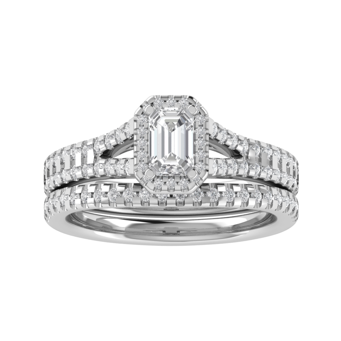 14K White Gold Emerald Cut Moissanite Bridal Ring Set