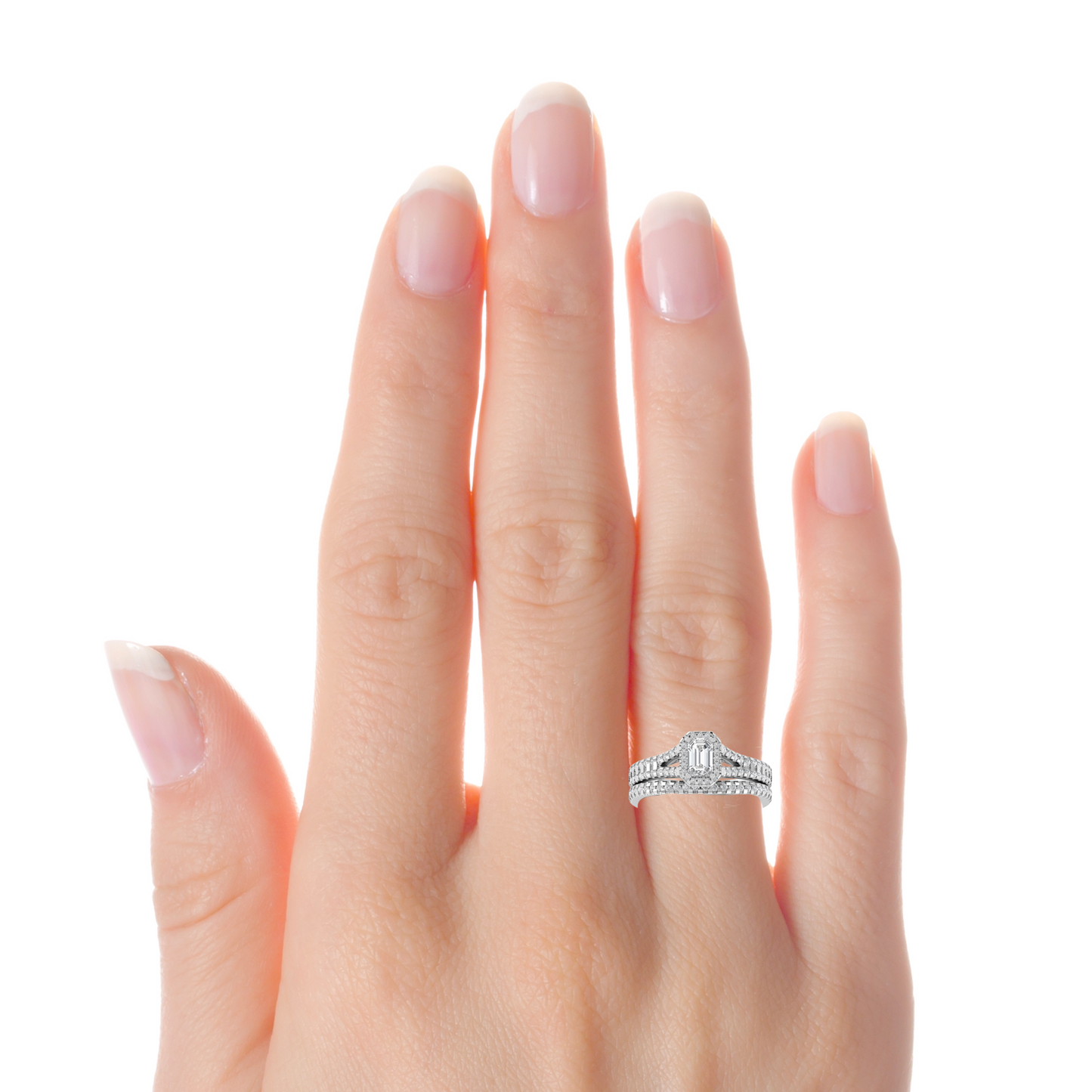 14K White Gold Emerald Cut Moissanite Bridal Ring Set