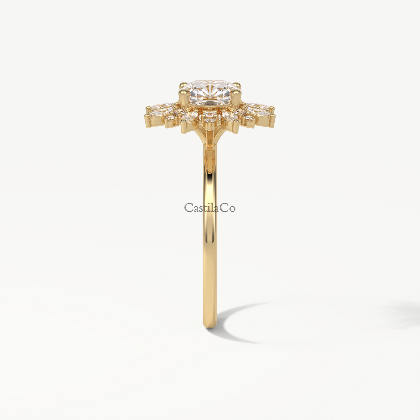 1.5 CT Cushion Lab Grown Diamond Engagement Ring, Starbrust Lab Grown Diamond Ring, Marquise Halo Diamond Wedding 14K Yellow Gold Ring
