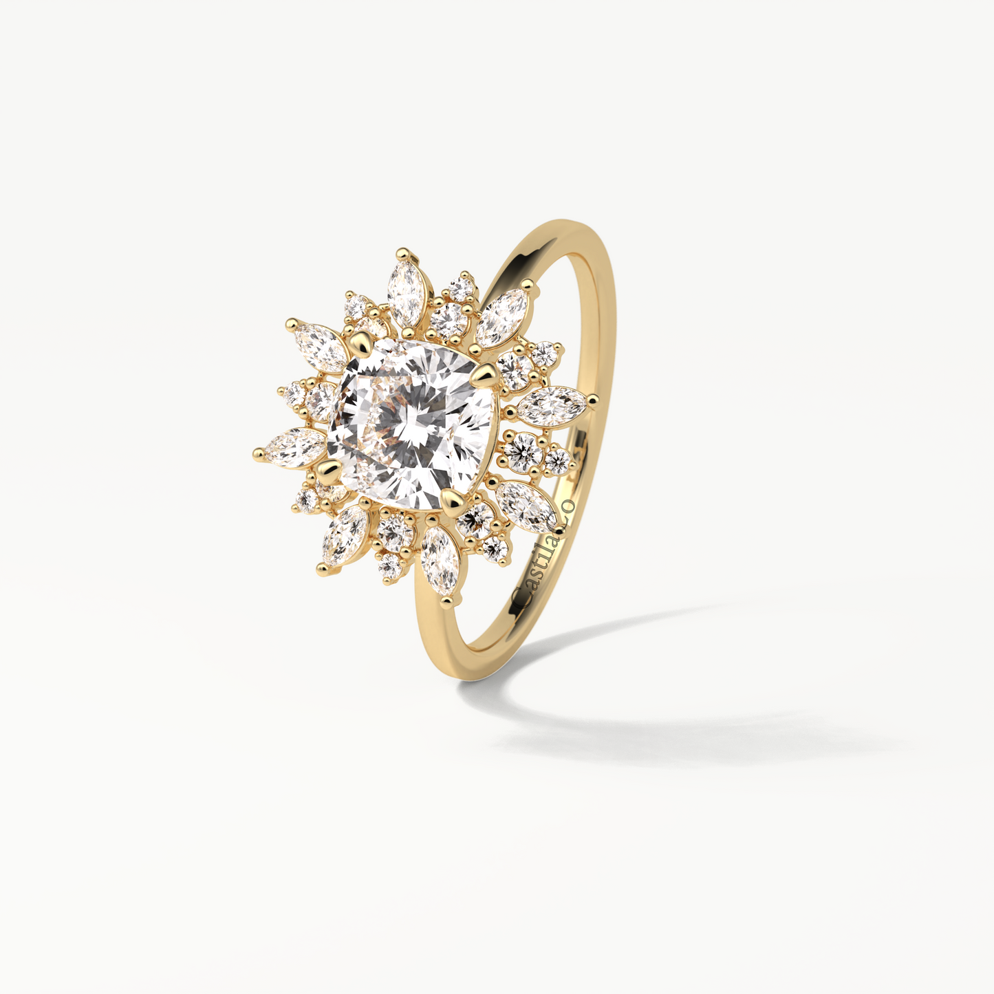 1.5 CT Cushion Lab Grown Diamond Engagement Ring, Starbrust Lab Grown Diamond Ring, Marquise Halo Diamond Wedding 14K Yellow Gold Ring