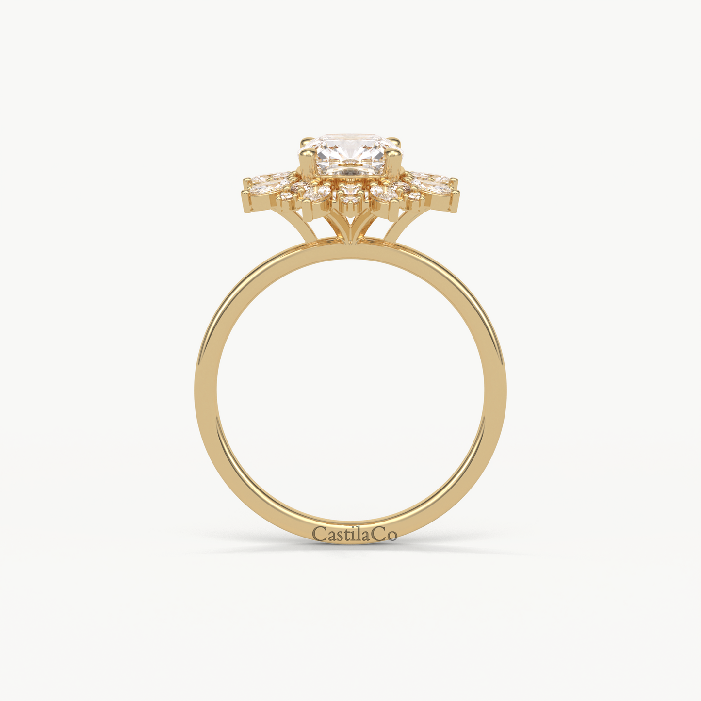 1.5 CT Cushion Lab Grown Diamond Engagement Ring, Starbrust Lab Grown Diamond Ring, Marquise Halo Diamond Wedding 14K Yellow Gold Ring