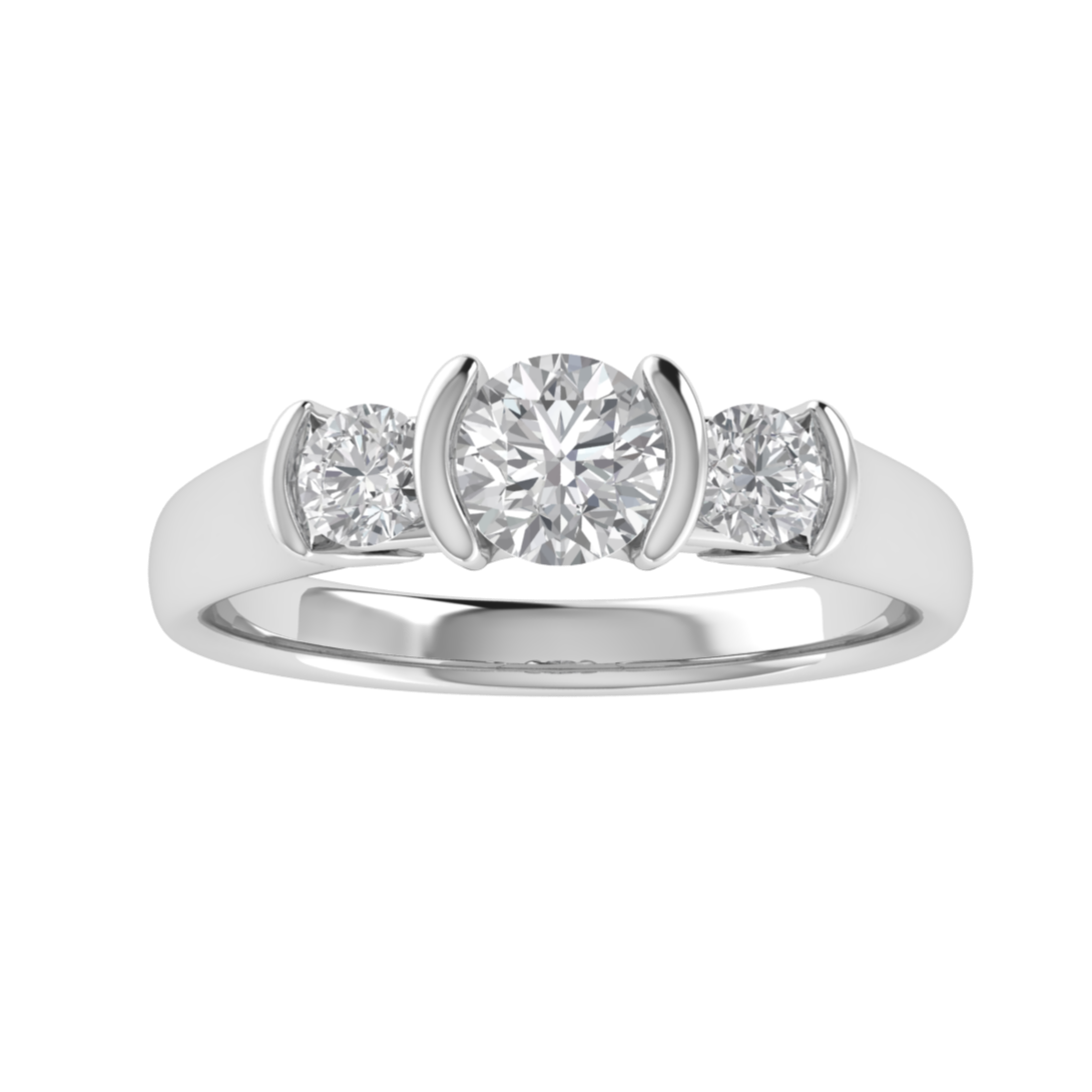 Three Stone Half Bezel Set Moissanite Engagement Ring