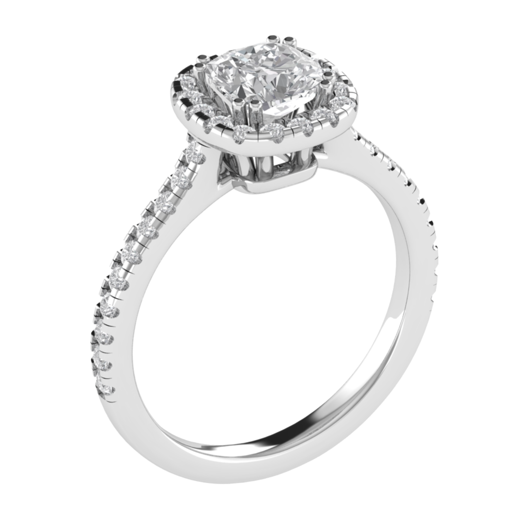 Halo Solitaire With Accent Cushion Cut Moissanite Engagement Ring