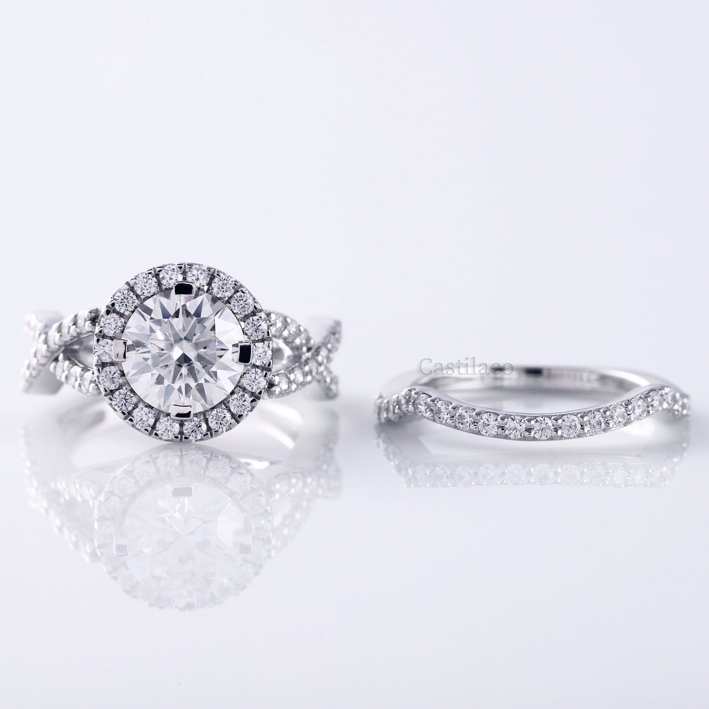 Round Moissanite Twisted With Curved Matching Bridal Ring Set