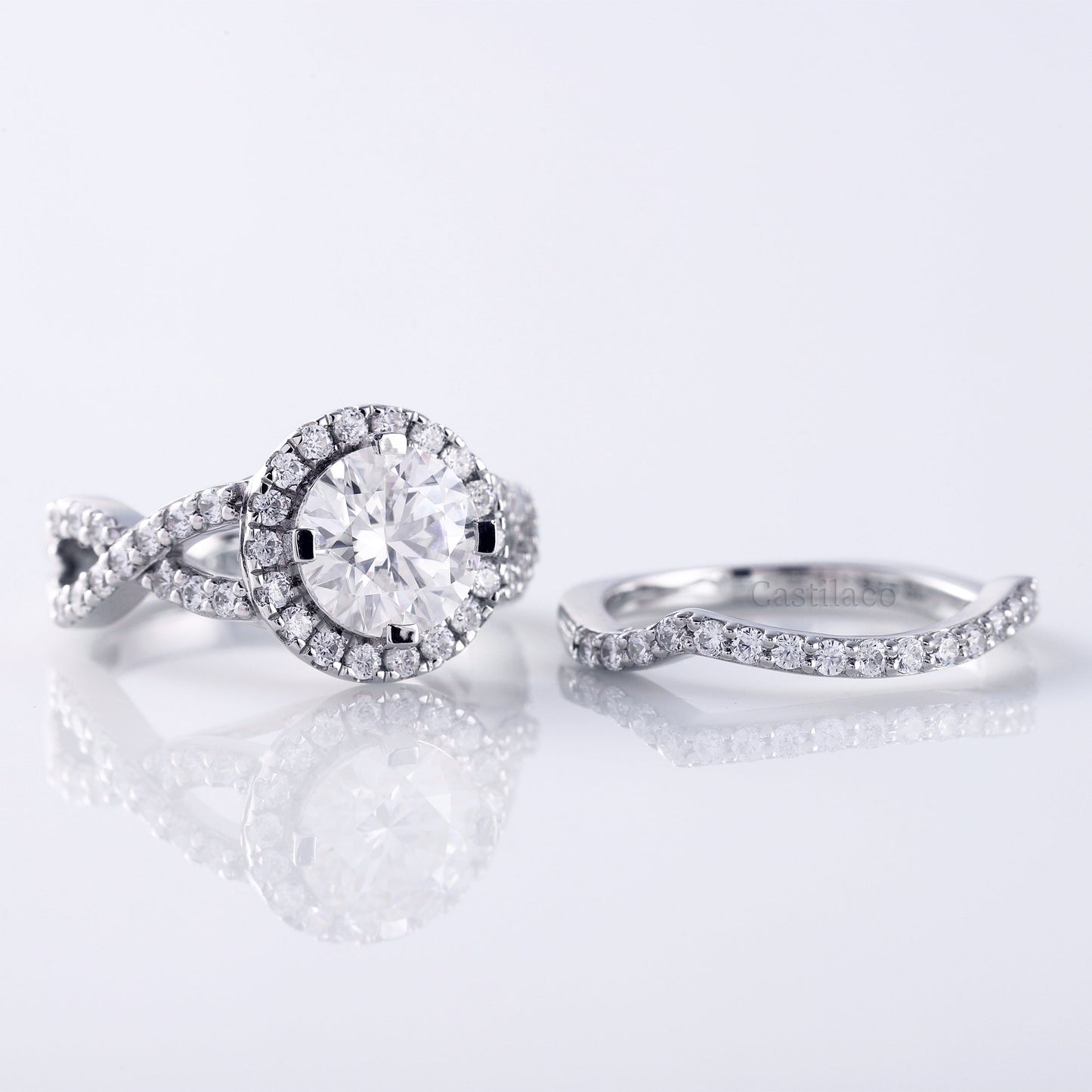 Round Moissanite Twisted With Curved Matching Bridal Ring Set