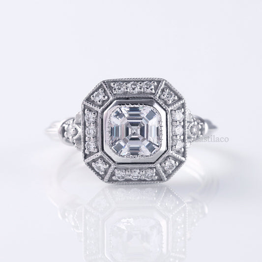 Asscher Moissanite Diamond Art Deco Engagement Ring