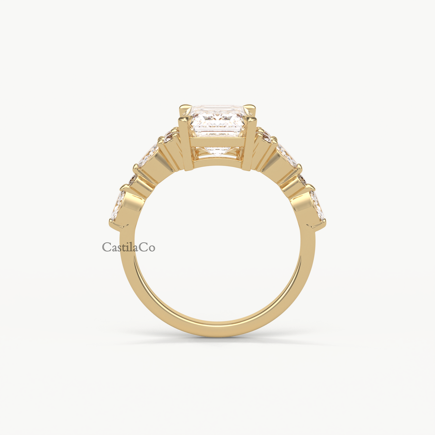 GIA Certified Emerald Cut Lab Grown Diamond Cluster Engagement 14K Yellow Gold Ring