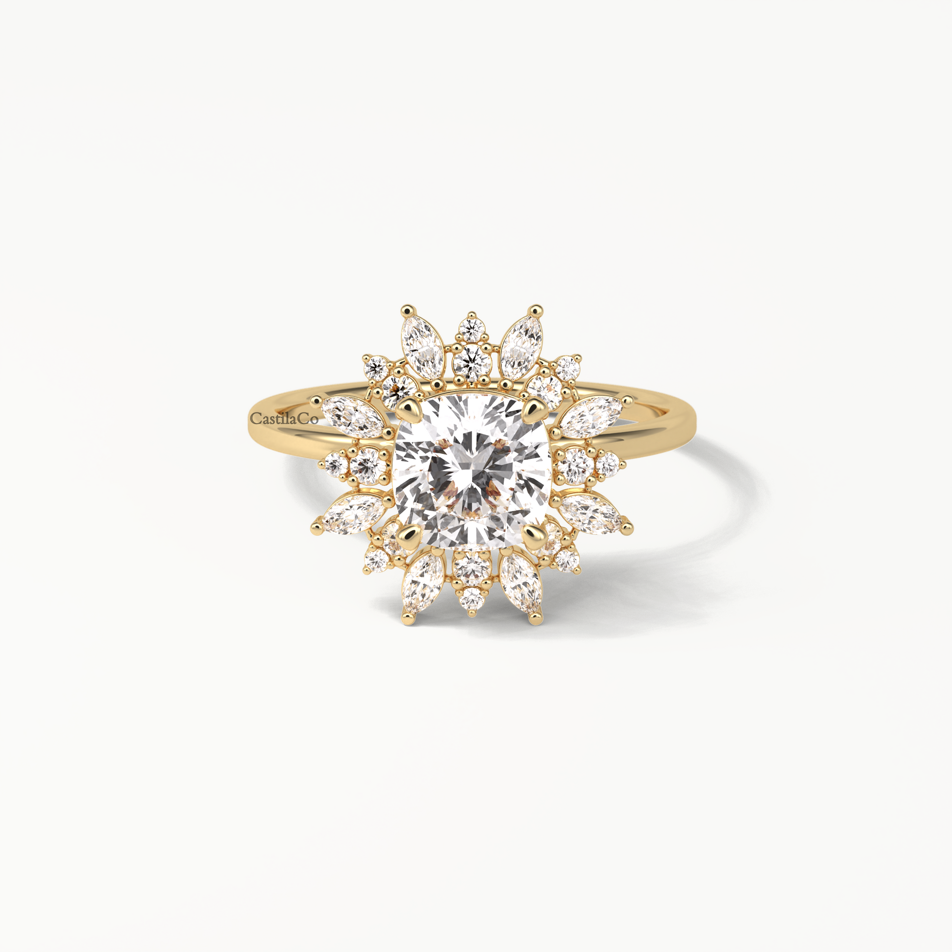 1.5 CT Cushion Lab Grown Diamond Engagement Ring, Starbrust Lab Grown Diamond Ring, Marquise Halo Diamond Wedding 14K Yellow Gold Ring