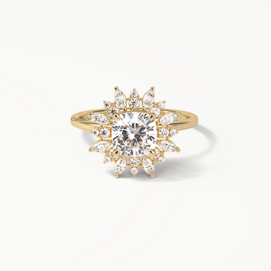 1.5 CT Cushion Lab Grown Diamond Engagement Ring, Starbrust Lab Grown Diamond Ring, Marquise Halo Diamond Wedding 14K Yellow Gold Ring
