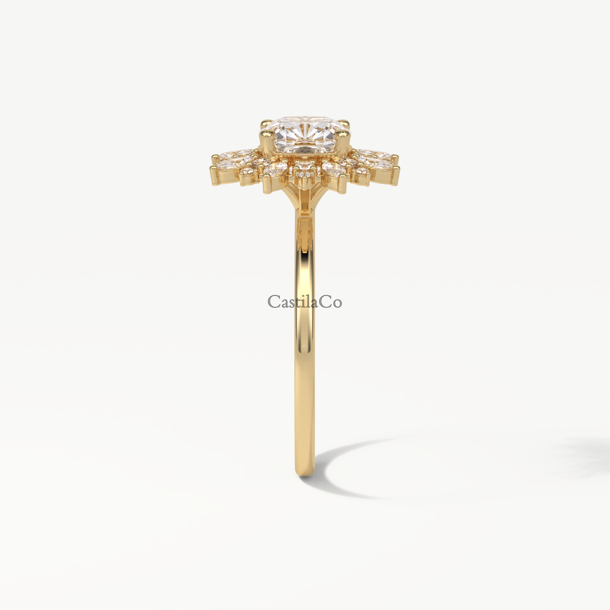 1.5 CT Cushion Lab Grown Diamond Engagement Ring, Starbrust Lab Grown Diamond Ring, Marquise Halo Diamond Wedding 14K Yellow Gold Ring