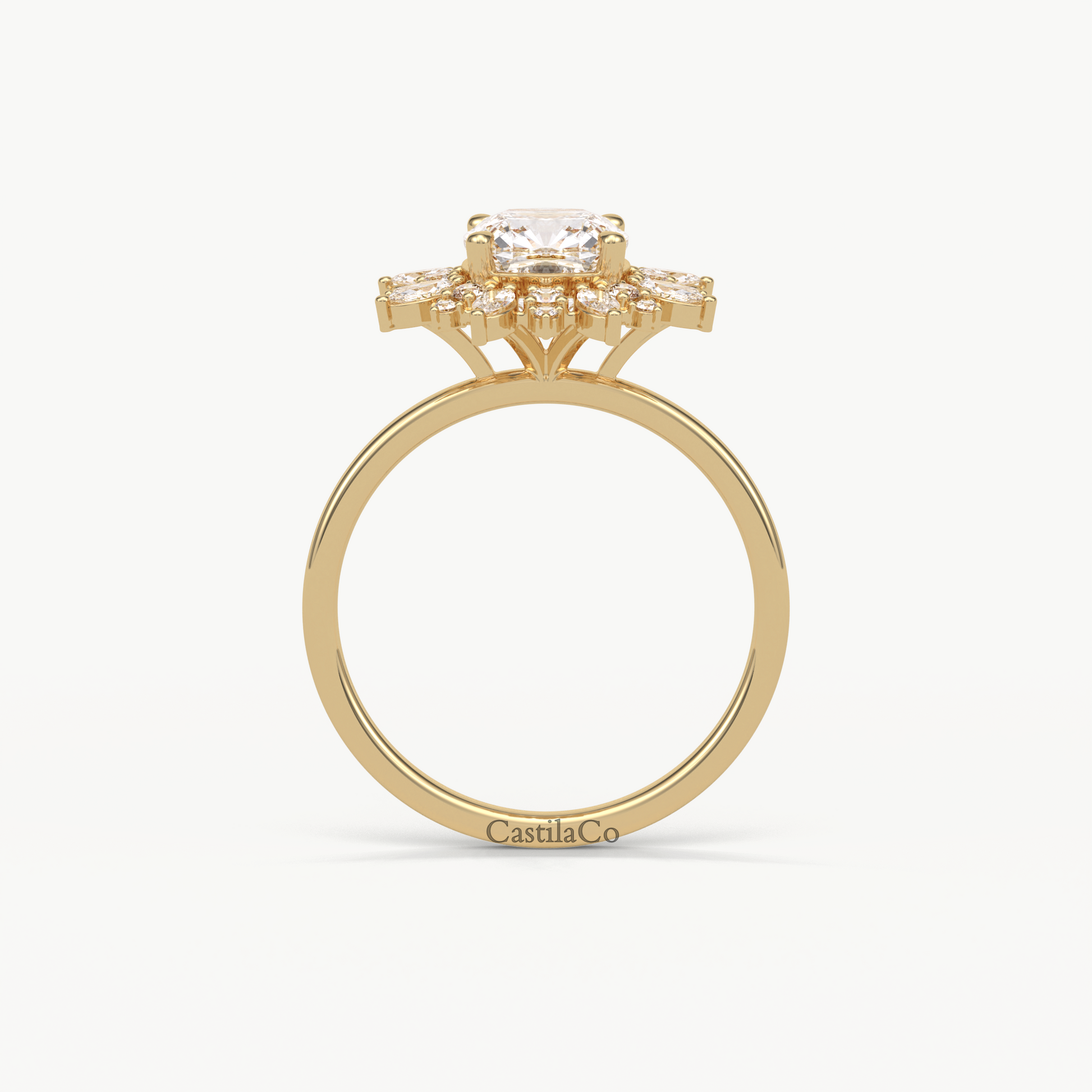 1.5 CT Cushion Lab Grown Diamond Engagement Ring, Starbrust Lab Grown Diamond Ring, Marquise Halo Diamond Wedding 14K Yellow Gold Ring